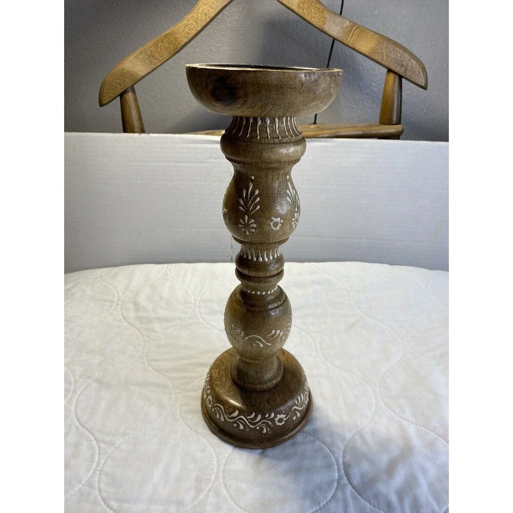 Wooden Hand painted Chunky Candle Holder, Column, 12” Tall